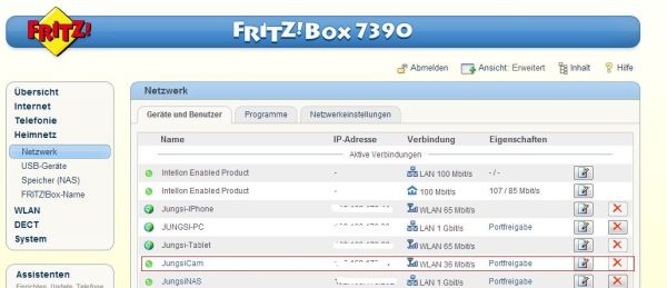 Fritz_Foscam_kl Übersicht Fritz-Box mit Eintrag der Cam