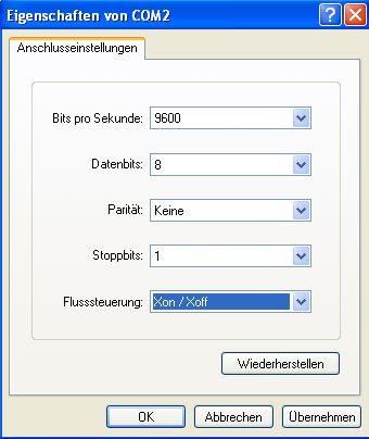 Hyperterminal - Bits auf den gleich Wert wie beim Atari; Flußsteuerung auf Xon/Xoff