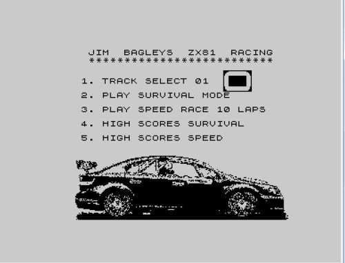 Jim Bagley's ZX81 Racing Haupmenü