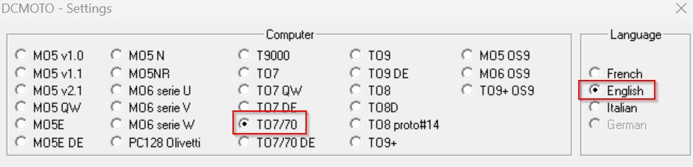 Emulator 1 - Rechner und Sprache wählen