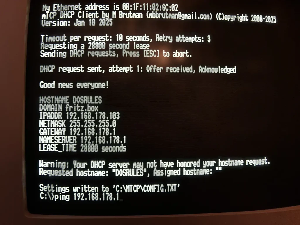 ISA 8-bit Ethernet Controller - IP-Adresse zugewiesen